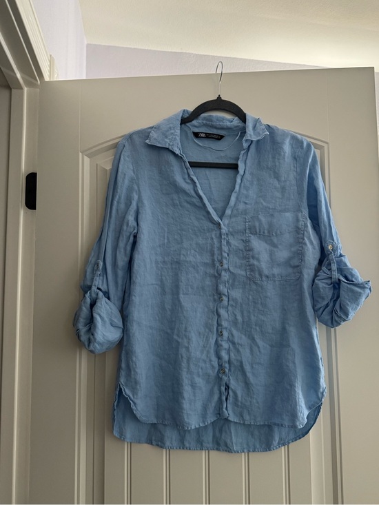 Zara Tops - Zara Sky Blue Linen Roll-Sleeve Button Shirt